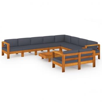 10-tlg. Garten-Lounge-Set mit Dunkelgrauen Auflagen Akazienholz