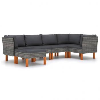 6-tlg. Garten-Lounge-Set mit Kissen Poly Rattan Grau