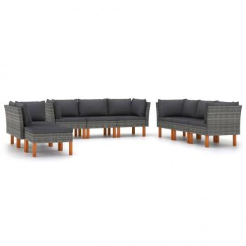 9-tlg. Garten-Lounge-Set mit Kissen Poly Rattan Grau