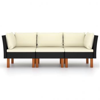 3-Sitzer-Gartensofa mit Kissen Schwarz Poly Rattan