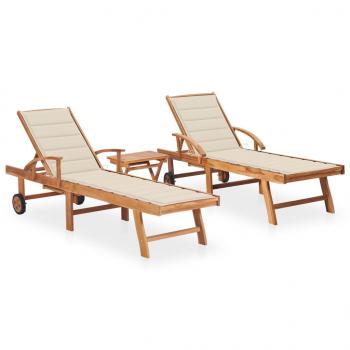 ARDEBO.de - Sonnenliegen 2 Stk. mit Tisch und Auflagen Massivholz Teak