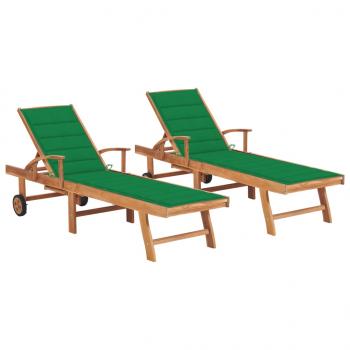 ARDEBO.de - Sonnenliegen 2 Stk. mit Auflagen Grün Massivholz Teak