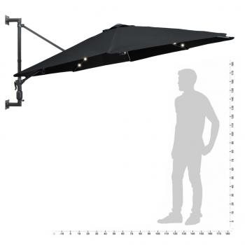 Sonnenschirm Wandmontage mit LEDs und Metallmast 300 cm Schwarz