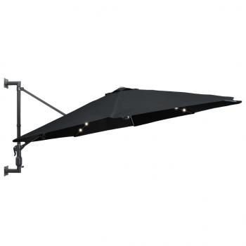 Sonnenschirm Wandmontage mit LEDs und Metallmast 300 cm Schwarz