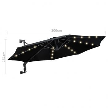 Sonnenschirm Wandmontage mit LEDs und Metallmast 300 cm Schwarz