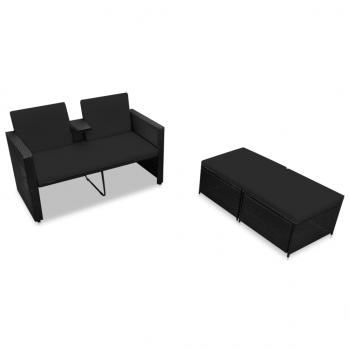 3-tlg. Garten-Lounge-Set mit Auflagen Poly Rattan Schwarz