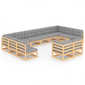 12-tlg. Garten-Lounge-Set mit Kissen Massivholz Kiefer