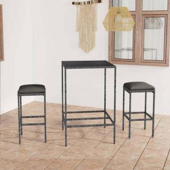 ARDEBO.de - 3-tlg. Gartenbar-Set mit Kissen Poly Rattan Grau