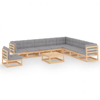 10-tlg. Garten-Lounge-Set mit Kissen Massivholz Kiefer