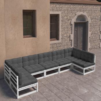 ARDEBO.de - 7-tlg. Garten-Lounge-Set mit Kissen Weiß Massivholz Kiefer