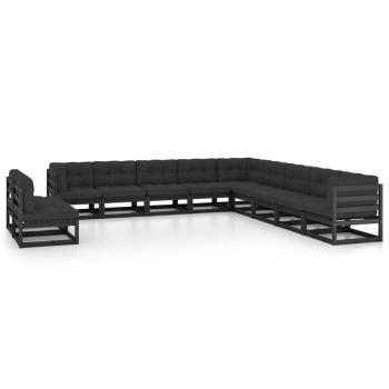 11-tlg. Garten-Lounge-Set mit Kissen Schwarz Kiefer Massivholz