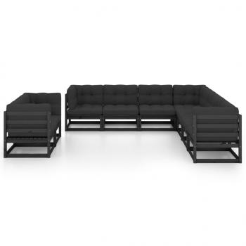 9-tlg. Garten-Lounge-Set mit Kissen Schwarz Massivholz Kiefer