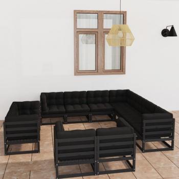 ARDEBO.de - 11-tlg. Garten-Lounge-Set mit Kissen Schwarz Kiefer Massivholz