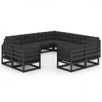 11-tlg. Garten-Lounge-Set mit Kissen Schwarz Kiefer Massivholz