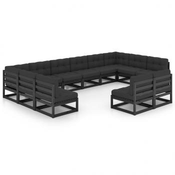 12-tlg. Garten-Lounge-Set mit Kissen Schwarz Massivholz Kiefer