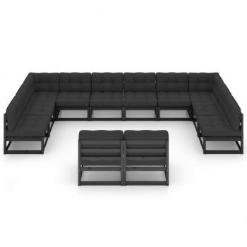 12-tlg. Garten-Lounge-Set mit Kissen Schwarz Massivholz Kiefer