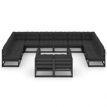 12-tlg. Garten-Lounge-Set mit Kissen Schwarz Massivholz Kiefer