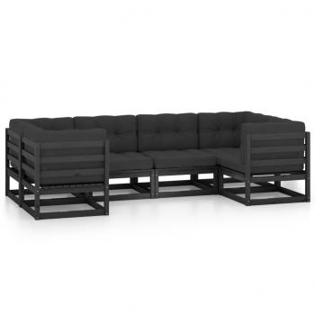 6-tlg. Garten-Lounge-Set mit Kissen Schwarz Massivholz Kiefer