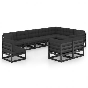 ARDEBO.de - 10-tlg. Garten-Lounge-Set mit Kissen Schwarz Massivholz Kiefer