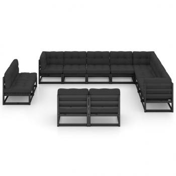 12-tlg. Garten-Lounge-Set mit Kissen Schwarz Massivholz Kiefer