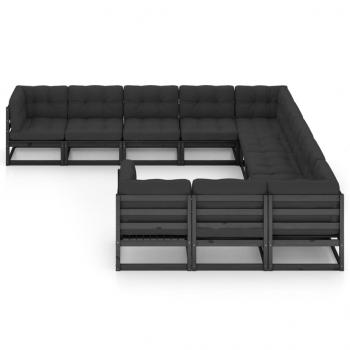 11-tlg. Garten-Lounge-Set mit Kissen Schwarz Kiefer Massivholz