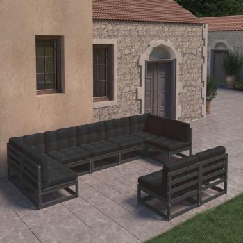 ARDEBO.de - 9-tlg. Garten-Lounge-Set mit Kissen Schwarz Massivholz Kiefer