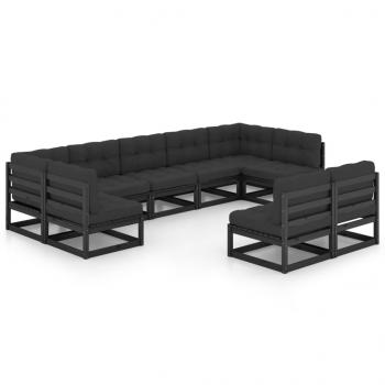 9-tlg. Garten-Lounge-Set mit Kissen Schwarz Massivholz Kiefer