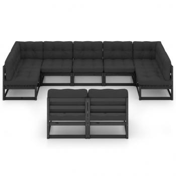 9-tlg. Garten-Lounge-Set mit Kissen Schwarz Massivholz Kiefer