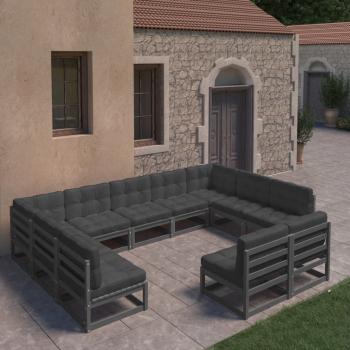 ARDEBO.de - 11-tlg. Garten-Lounge-Set mit Kissen Schwarz Kiefer Massivholz