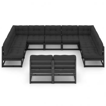 11-tlg. Garten-Lounge-Set mit Kissen Schwarz Kiefer Massivholz