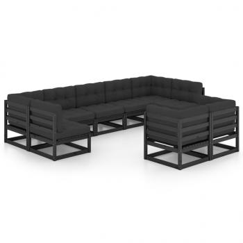 9-tlg. Garten-Lounge-Set mit Kissen Schwarz Massivholz Kiefer