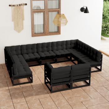 ARDEBO.de - 11-tlg. Garten-Lounge-Set mit Kissen Schwarz Kiefer Massivholz