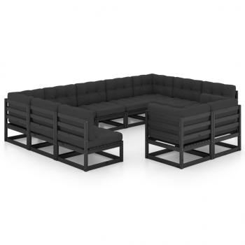 11-tlg. Garten-Lounge-Set mit Kissen Schwarz Kiefer Massivholz