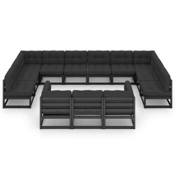 13-tlg. Garten-Lounge-Set mit Kissen Schwarz Massivholz Kiefer