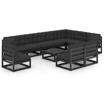 ARDEBO.de - 11-tlg. Garten-Lounge-Set mit Kissen Schwarz Kiefer Massivholz