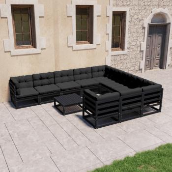 ARDEBO.de - 11-tlg. Garten-Lounge-Set mit Kissen Schwarz Kiefer Massivholz