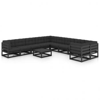 ARDEBO.de - 11-tlg. Garten-Lounge-Set mit Kissen Schwarz Kiefer Massivholz