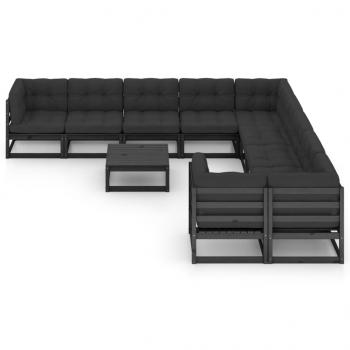 11-tlg. Garten-Lounge-Set mit Kissen Schwarz Kiefer Massivholz