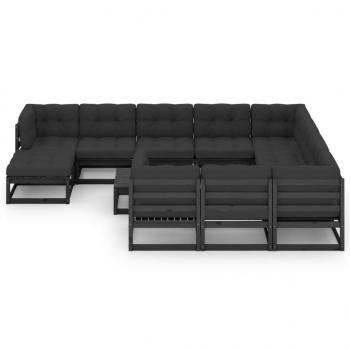 12-tlg. Garten-Lounge-Set mit Kissen Schwarz Massivholz Kiefer