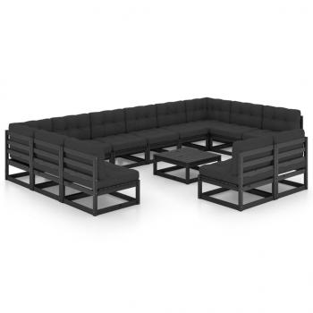 13-tlg. Garten-Lounge-Set mit Kissen Schwarz Massivholz Kiefer