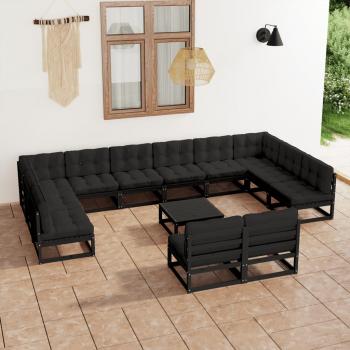 ARDEBO.de - 13-tlg. Garten-Lounge-Set mit Kissen Schwarz Massivholz Kiefer