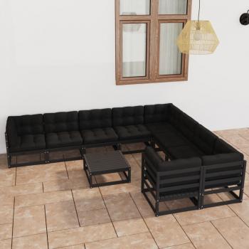 ARDEBO.de - 10-tlg. Garten-Lounge-Set mit Kissen Schwarz Massivholz Kiefer