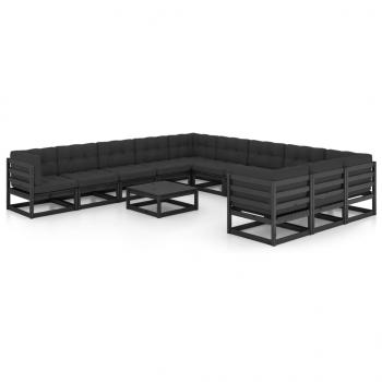 ARDEBO.de - 12-tlg. Garten-Lounge-Set mit Kissen Schwarz Massivholz Kiefer