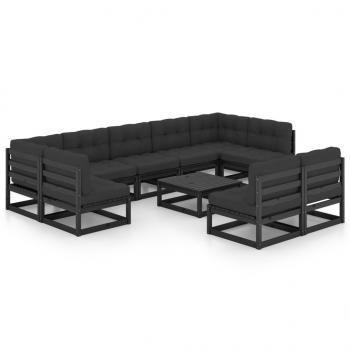 10-tlg. Garten-Lounge-Set mit Kissen Schwarz Massivholz Kiefer