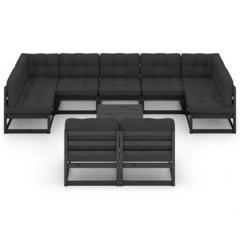 10-tlg. Garten-Lounge-Set mit Kissen Schwarz Massivholz Kiefer