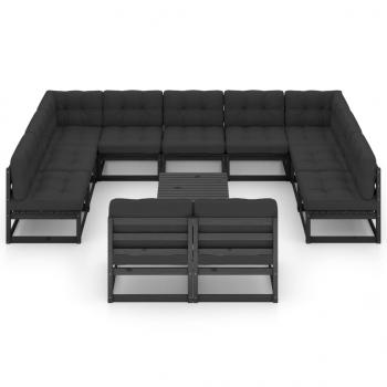 12-tlg. Garten-Lounge-Set mit Kissen Schwarz Massivholz Kiefer