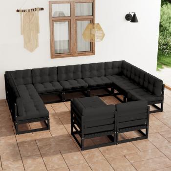 ARDEBO.de - 12-tlg. Garten-Lounge-Set mit Kissen Schwarz Massivholz Kiefer