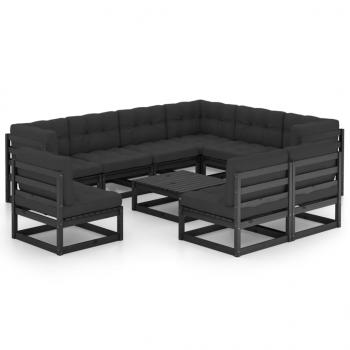 ARDEBO.de - 10-tlg. Garten-Lounge-Set mit Kissen Schwarz Massivholz Kiefer