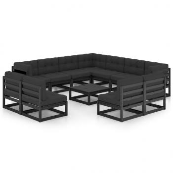 ARDEBO.de - 12-tlg. Garten-Lounge-Set mit Kissen Schwarz Massivholz Kiefer