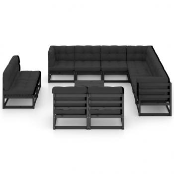 12-tlg. Garten-Lounge-Set mit Kissen Schwarz Massivholz Kiefer